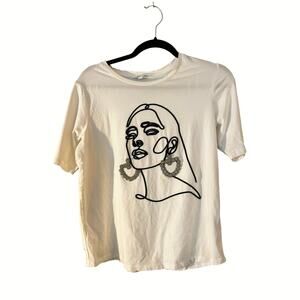 Love & Lace White Embroidered T-shirt Small Boxy Fit Rhinestone Accents Artsy